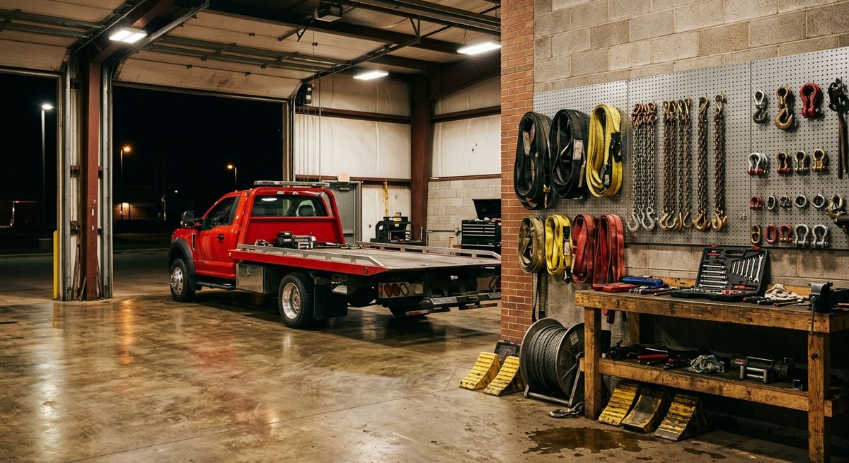 Tow truck parked inside a lit garage bay beside a pegboard wall of recovery straps, chains, and hooks