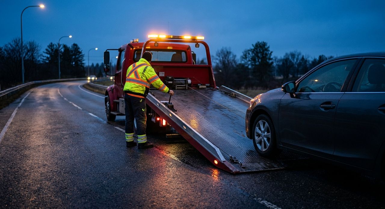 Red flatbed tow truck at dusk with its deck tilted down, winching a sedan up from a wet roadside