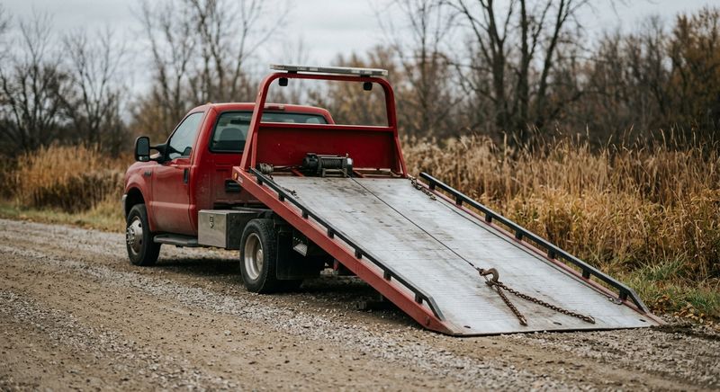 Red rollback tow truck on a gravel shoulder with the steel ramp lowered and a chain hook laid out